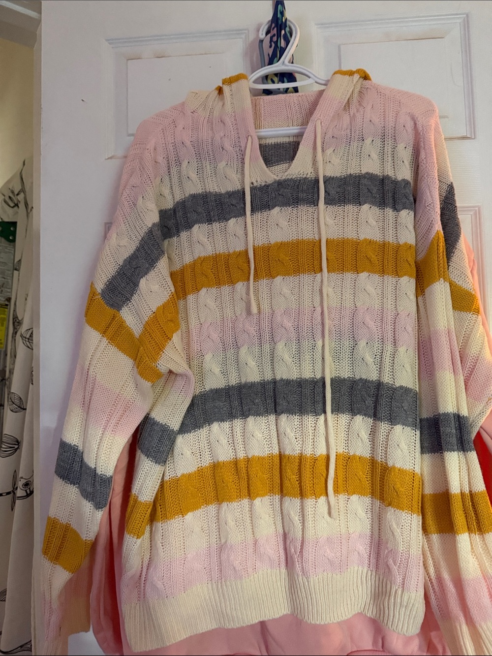 SHEIN Striped Cable-Knit Hoodie Sweater - Pink, Cream, Gray & Mustard